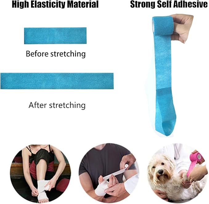 6 Pack 2 Inches Self Adhesive Wrap Bandage Self Adherent Cohesive Bandage Tape Stretch Vet Wrap Breathable Athletic Tape for Sports, Wrist, AnkleOoaBlueOoa