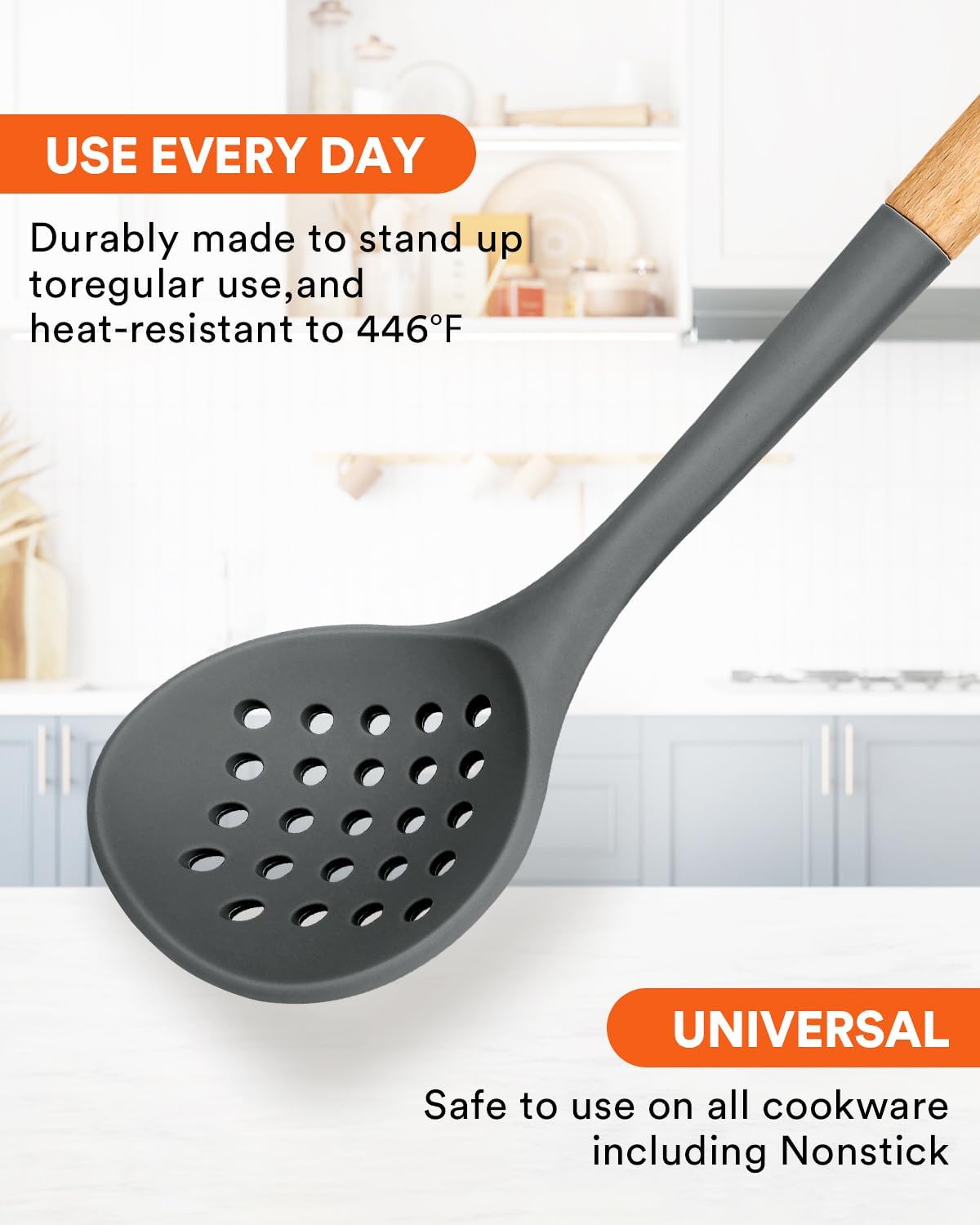 Kitchen Ladle Strainer, Large Slotted Spoon with High Heat Resistant BPA Free, Non Stick Cooking Skimmers For Draining & Frying, 13.2inch (brown)