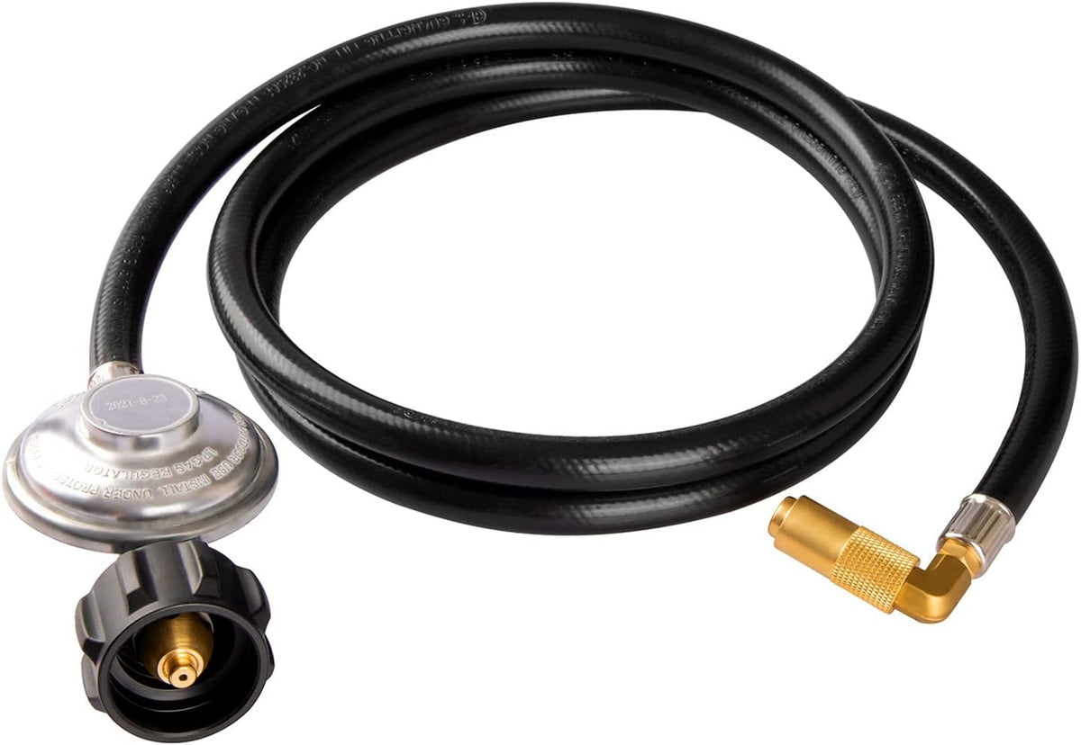DOZYANT 6 Feet Propane Regulator and Hose with Elbow Adapter for Blackstone 17 inch and 22 inch Table Top Griddle, Replacement Parts Connect to Large 20 Propane Tank