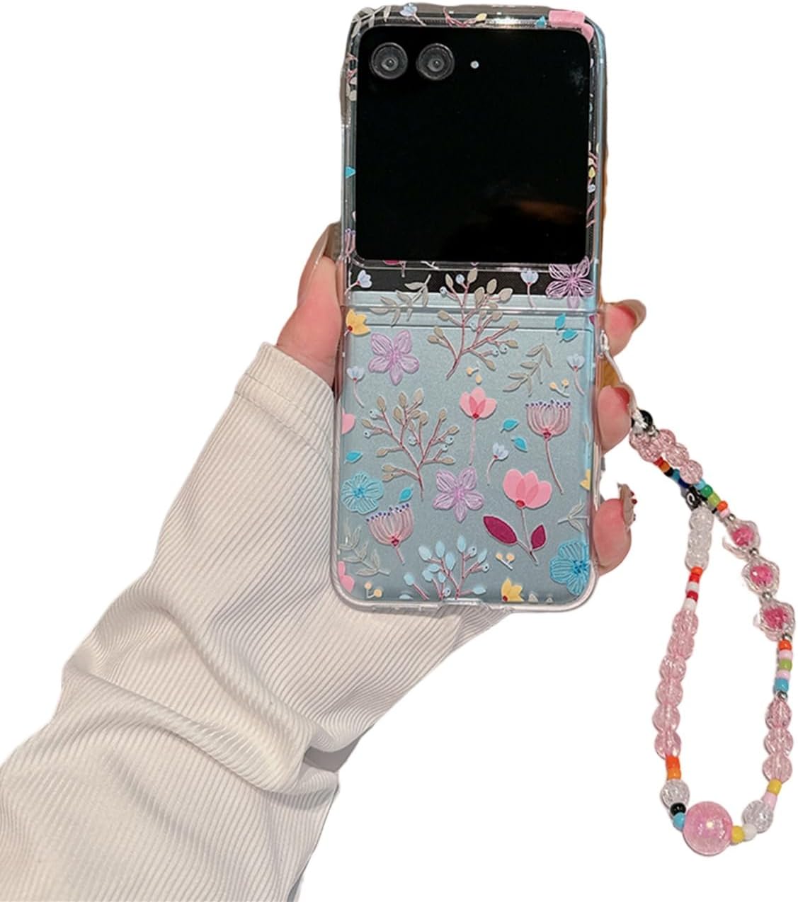 Clear Case Compatible with Motorola Razr Plus 2023 with Strap, Cute Flowers Pattern Shockproof Protective Cover Compatible with Moto Razr+ 2023 for Woman