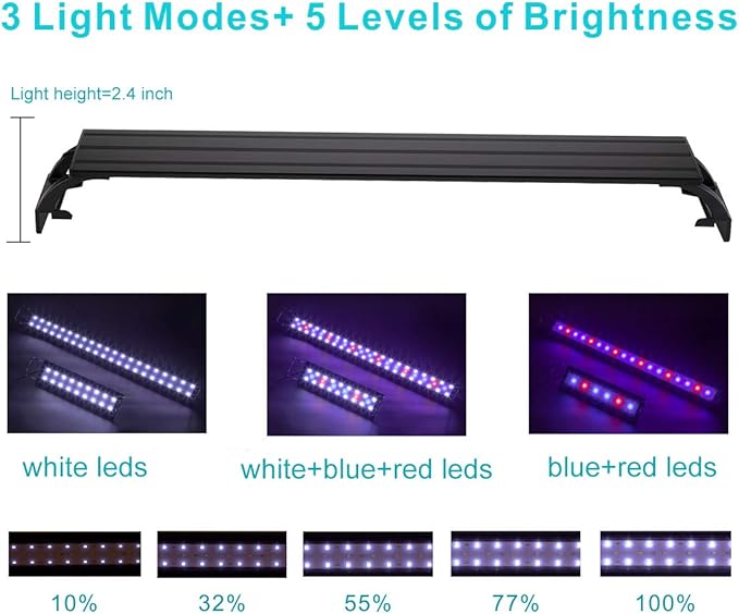 Hygger - Full spectrum aquarium light with aluminum alloy housing, extendable brackets, white and red blue LEDs, external controller, for freshwater fish tank
