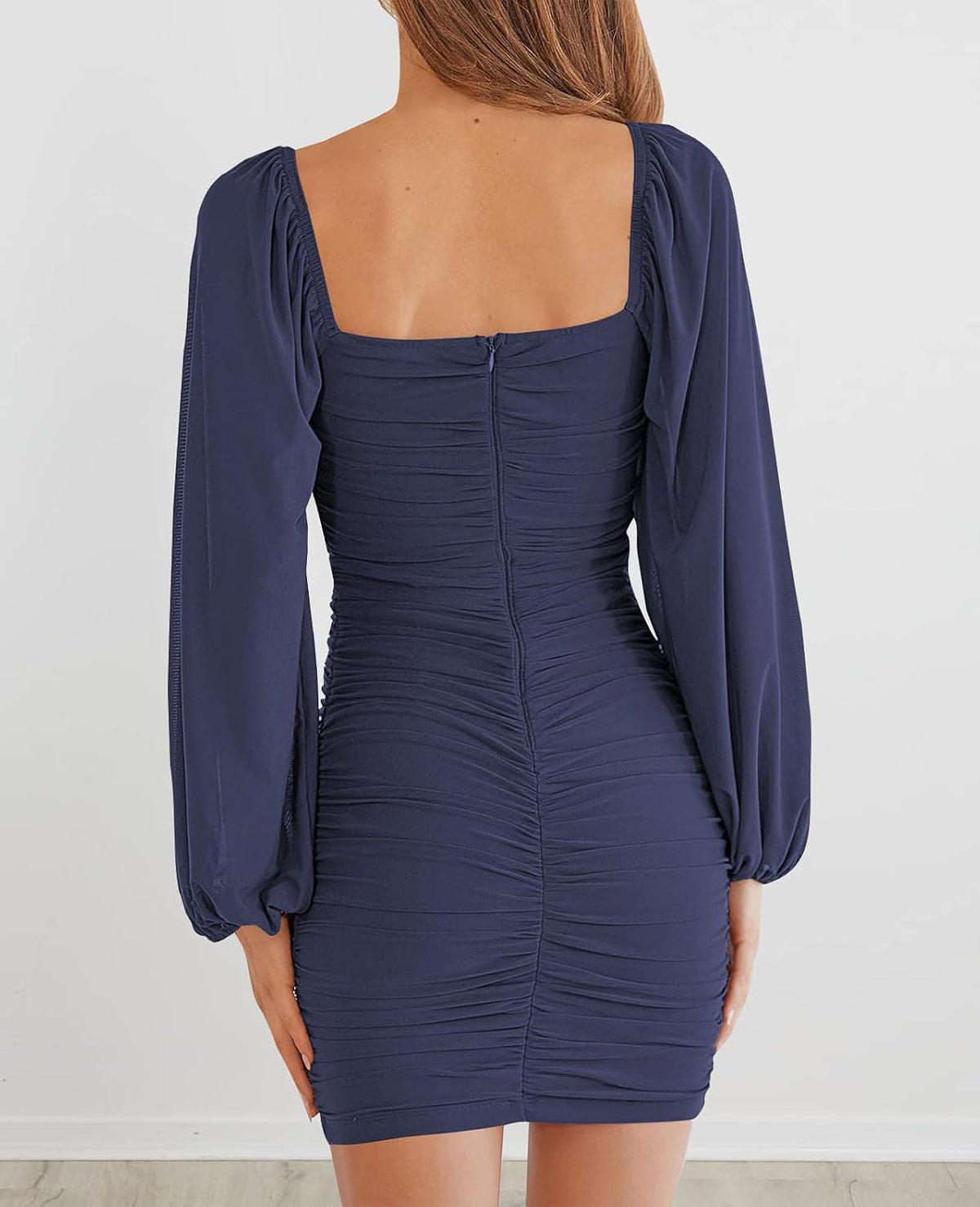 MEROKEETY Women Square Neck Lantern Long Sleeve Mesh Ruched Bodycon Clubwear Mini Dress