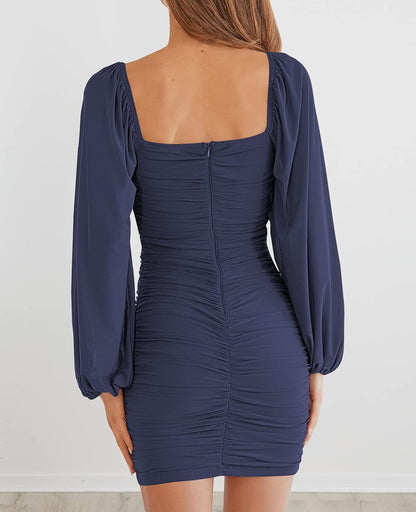 MEROKEETY Women's Square Neck Lantern Sleeve Mesh Ruched Bodycon Mini Dress