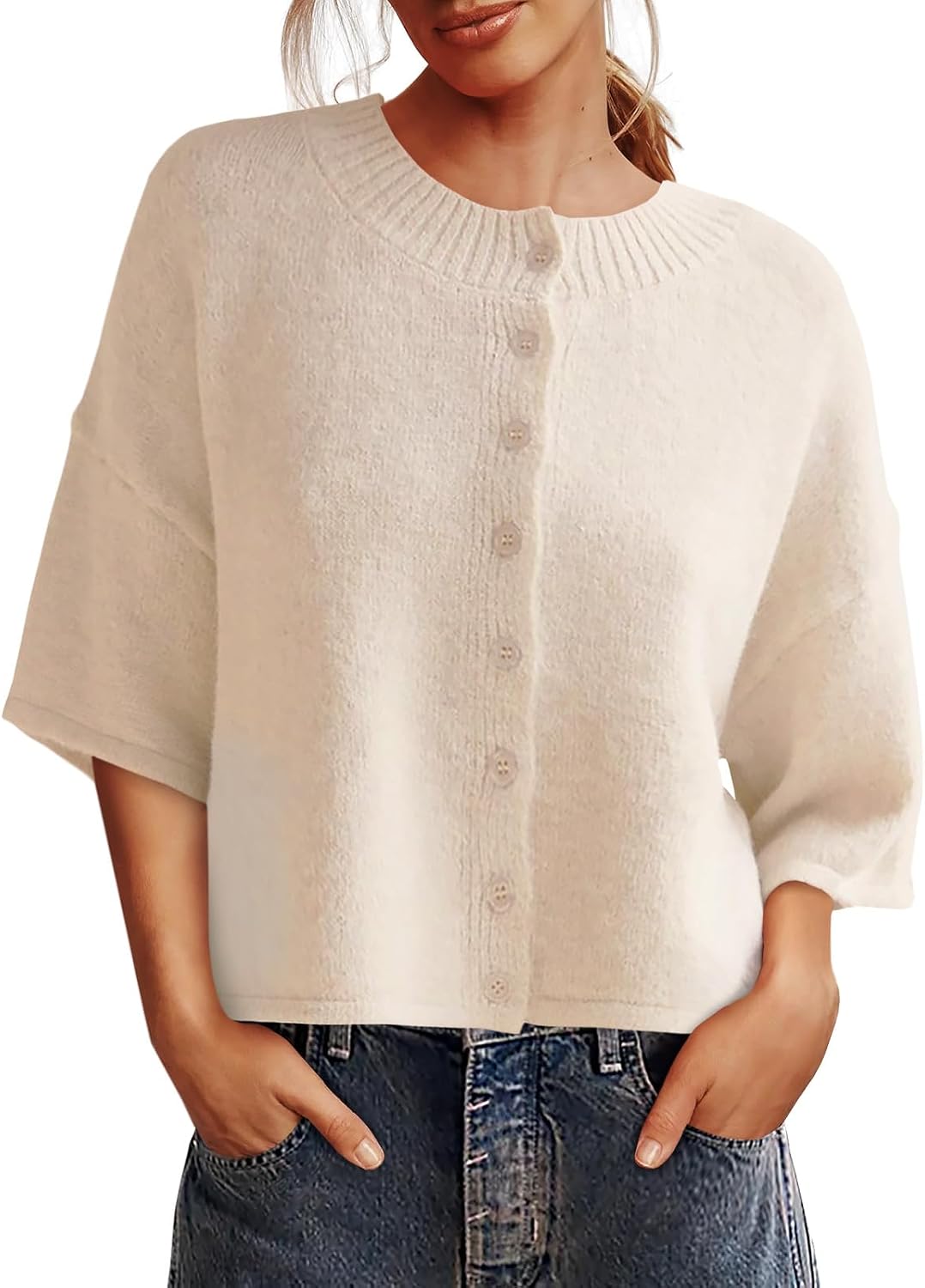 Womens 3/4 Sleeve Cardigan Sweater Button Down Cropped Crewneck Cardigan 2025 Fall Casual Knit Tops
