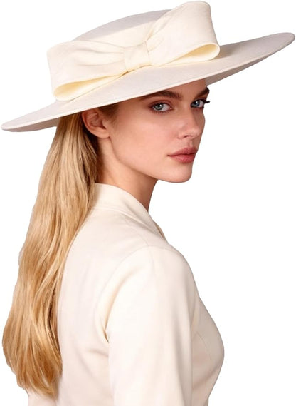 Wide Brim Hats for Women Big Bowknot Formal Occasion Kentucky Cap Lady Wedding Cocktail Party Flat Top Fedoras