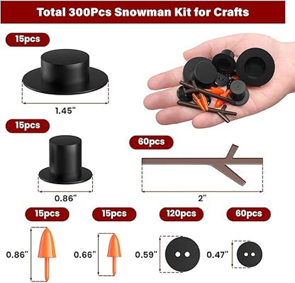 Outivity 300 Pcs Snowman Crafts DIY Kits for Winter Kids Holiday Party Decor Gift,Includes 30 Mini Black Top Hats,180 Snowman Craft Buttons,30 Carrot Noses Buttons and 60 Snowman Hands
