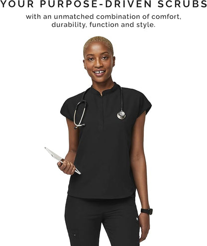 FIGS Rafaela Oversized Scrub Tops for Women — Mandarin Collar, Shirttail Hem, 3 Pockets, 4-Way Stretch