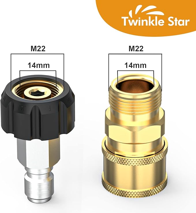 Twinkle Star Pressure Washer Quick Connect Fittings, Quick Connect Kit M22 14mm to 3/8 Inch, 4 Pieces