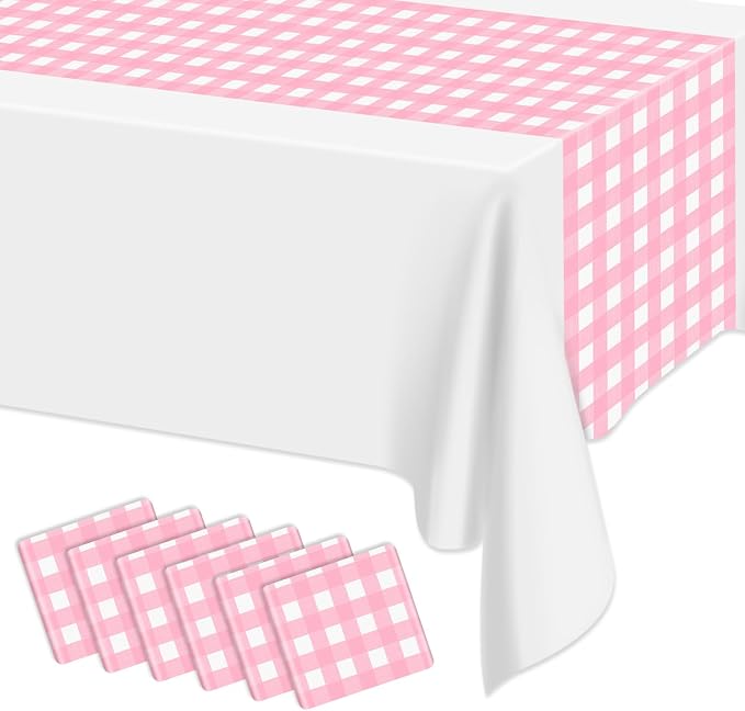 5 Pack Pink Gingham Table Runner, Pink and White Checkered Tablecloths 14 x 108 Inches Rectangular Waterproof Picnic Table Runner for Birthday Party Holiday Outdoor Supplies