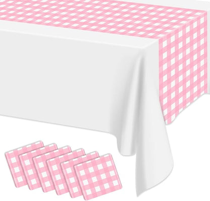 5 Pack Pink Gingham Table Runner, Pink and White Checkered Tablecloths 14 x 108 Inches Rectangular Waterproof Picnic Table Runner for Birthday Party Holiday Outdoor Supplies