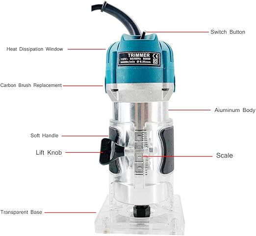 110V 800W Palm Router Electric Hand Trimer Wood Router 1/4" Collets Woodworking Tool Laminate Trimer, Blue