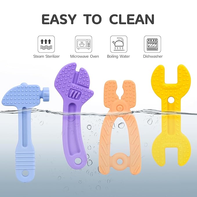 Hooku 4 Pack Silicone Teething Toys for Babies 3-6 Months, Teethers for Babies 6-12 Months, Hammer Spanner Wrench Pliers Tools Shape Sensory Chew Toys