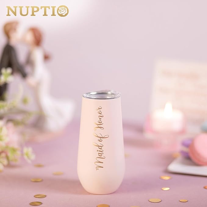 NUPTIO Maid of Honor Proposal Gifts: Pink Tumbler Stemless Champagne Flute Stainless Steel Wine Cups Bachelorette Party Supplies Bridal Shower Engagement Wedding Favors 6oz