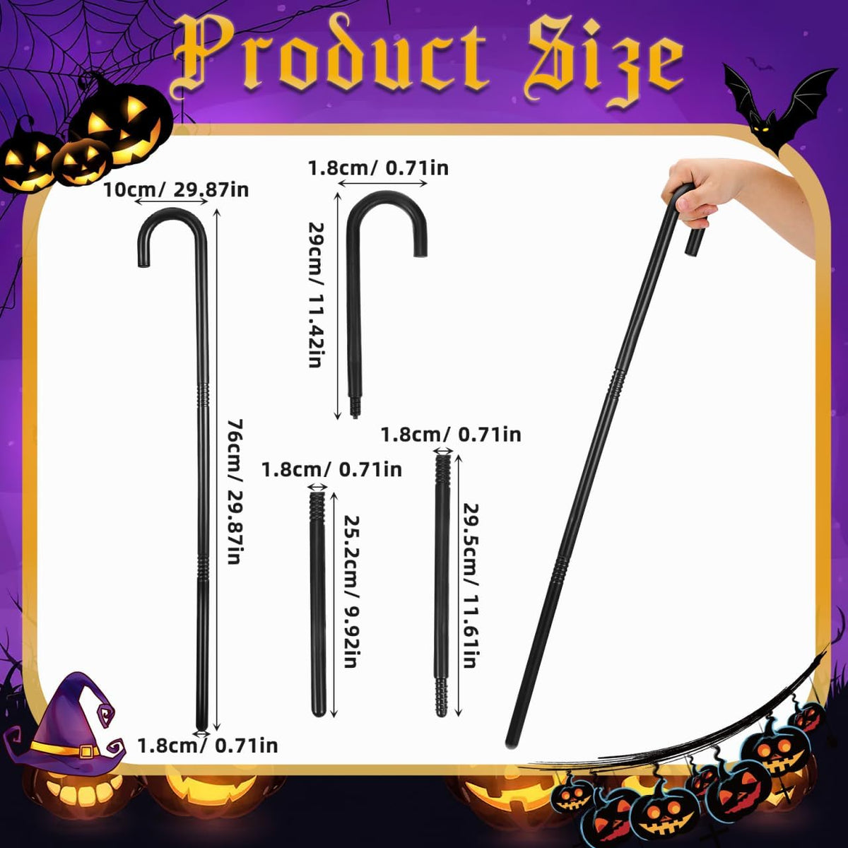 VICASKY Staff Wizard Cane Black Little Shepherd Costume Fake Prop Crook Hook Set Child's Walking Props Party Crutch Beaupretty Plastic Stick for Halloween Cosplay