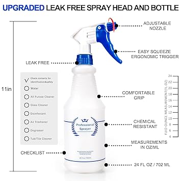 Plastic Spray Bottle, Empty Spray Bottles (2 Pack 24 Oz), All-Purpose Sprayer for Cleaning Solutions, Hair Spray, Bleach, Planting, BBQ, Mist  Stream Water Spraying Bottle with Adjustable Nozzle