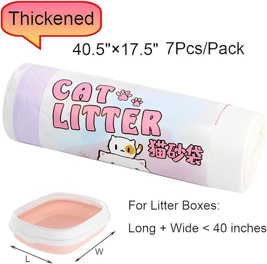 Drawstring Cat Litter Bags - Super Thick, Durable, Easy Clean Up, Jumbo Size Kitty Litter Box Liner Bag for Pet Cats (17.5" o 40.5" -7Pcs)