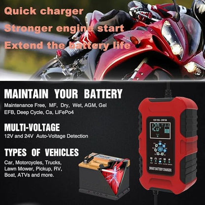 10-Amp LiFePO4 Battery Charger, 12V 24V Automatic Smart Battery Charger, Car Trickle Charger, Maintainer/Pulse Repair Charger for Automotive Motorcycle Lawn Mower Boat Lead-Acid AGM LiFePO4 Batteries