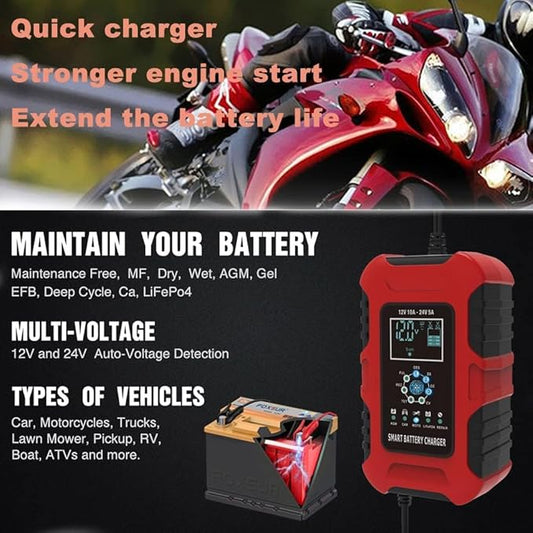 10-Amp LiFePO4 Battery Charger, 12V 24V Automatic Smart Battery Charger, Car Trickle Charger, Maintainer/Pulse Repair Charger for Automotive Motorcycle Lawn Mower Boat Lead-Acid AGM LiFePO4 Batteries