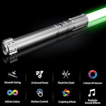 Light Saber with Motion Control, Heavy Dueling Light Sabers Sword Smooth Swing 12 RGB Colors,16 Fonts Blaster Sound Darksaber, Hilt Light Sabers for Adults Kids Forge Christmas Cosplay Gift Sliver E28
