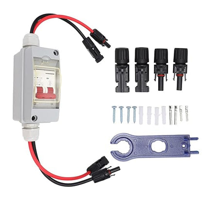 Focket 32A 500V PV DC Disconnect Switch, MCB 2P Solar Current Sink Load Switching Air Miniature Circuit Breaker with IP65 Waterproof Distribution Box for Panel (with Cable and Connector)