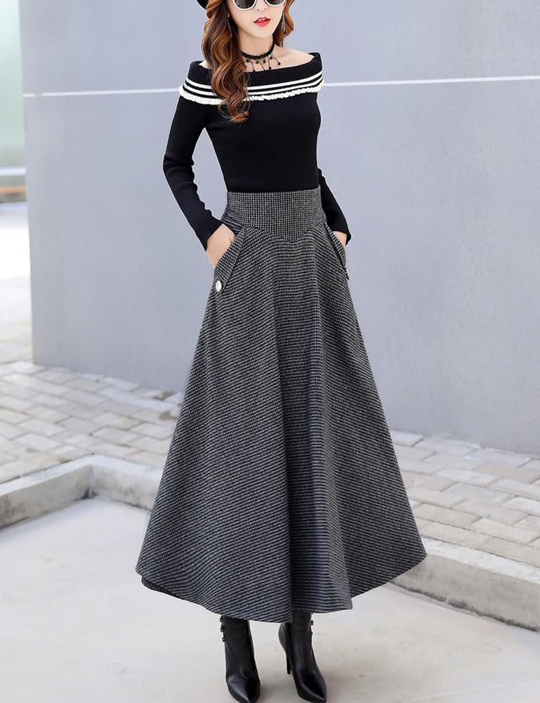 chouyatou Women's Elegant Houndstooth Plaid A Line Pleated Swing Midi Long Wool Skirt with Pockets