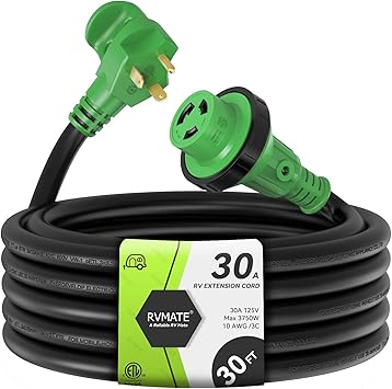 RVMATE 30 Feet 30 Amp RV Lockable Power Extension Cord with Easy Plug-in Handle, TT-30P to L5-30R, LED Indicator, 10 AWG, ETL Listed