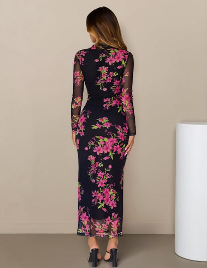 MEROKEETY Women's Spring Wedding Guest Dress 2026 Long Sleeve Bodycon Floral Mesh Fall Cocktail Holiday Party Maxi Dresses