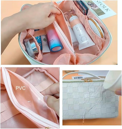 Cosmetic Bag PU leather Makeup Organizer for Women Large Capacity Water-resistant Make Up Bag With Handle and Divider Flat Lay travel cosmetic Pouch
