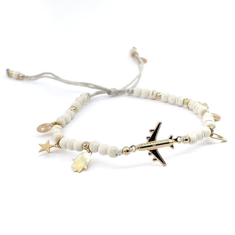 Delicate Travel Fans Bracelet Made with Natural Stones and Symbolyc Charms Special to Fly Lovers Adjustable for Women and Young Girls
