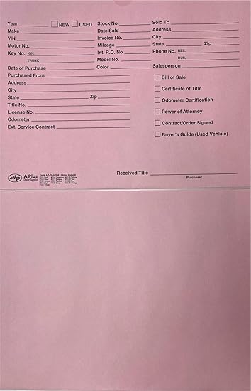 A Plus Paper Printed Vehicle Dealer Envelopes 9x12 Deal Jackets (100 Shrink Wrapped) (Pink))