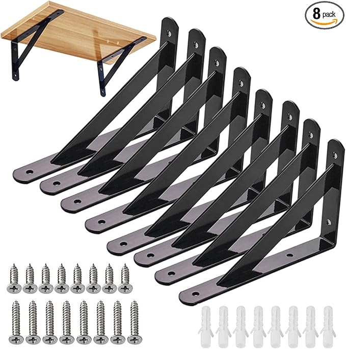 8Pcs Shelf Brackets Heavy Duty Triangle Shelving Brackets Right Angle Wall Mounted Shelf Supporters, Black 6 Inch