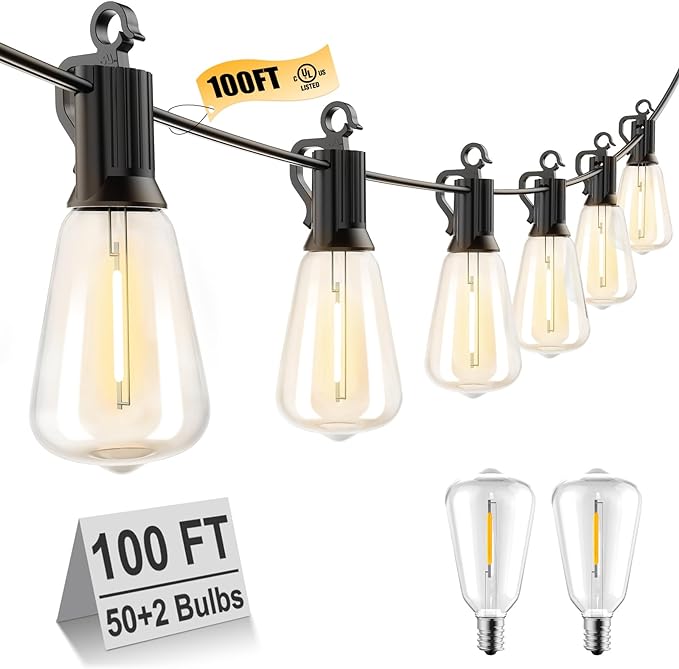 Brightown 100-foot outdoor LED light garland with 52 adjustable vintage Edison shatterproof ST38 bulbs, waterproof outdoor pendant lights for backyard, terrace, garden,