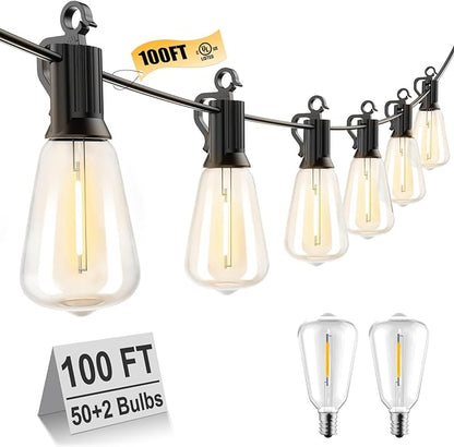 Brightown 100-foot outdoor LED light garland with 52 adjustable vintage Edison shatterproof ST38 bulbs, waterproof outdoor pendant lights for backyard, terrace, garden,