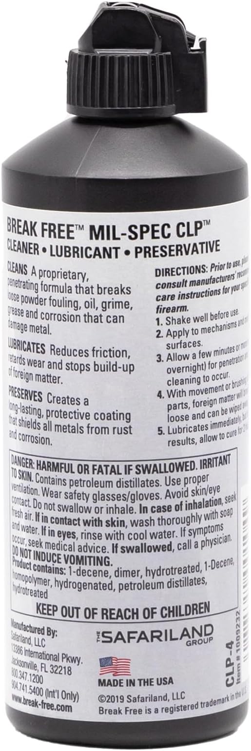 BREAK FREE CLP Cleaner Lubricant and Preservative All in One Gun Cleaner, CLP-4, Squeeze Bottle, Synthetic Oil, 4 Ounces