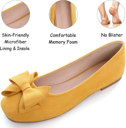Womens Square Toe Ballet Flats Bow-Knot Slip-Ons Dressy Bowtie Casual Comfortable Wear to Work Loafers