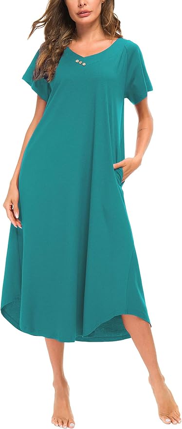 YOZLY Nightgowns for Women Short Sleeve Long Night Gowns Soft V Neck Sleepwear with Pockets