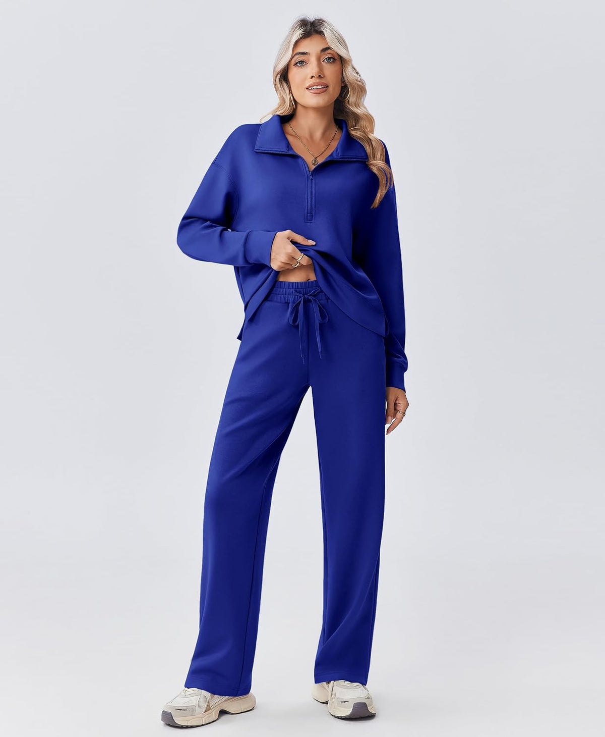 PINSPARK 2 Piece Sets for Women 1/2 Zip Sweatsuit 2026 Matching Outfit Fall | Lightweight Air Layer Fabric, Loose Fit Sweatshirt, Straight Leg Pants with Pockets, Soft Lounge Sets, Airport Outfits Women