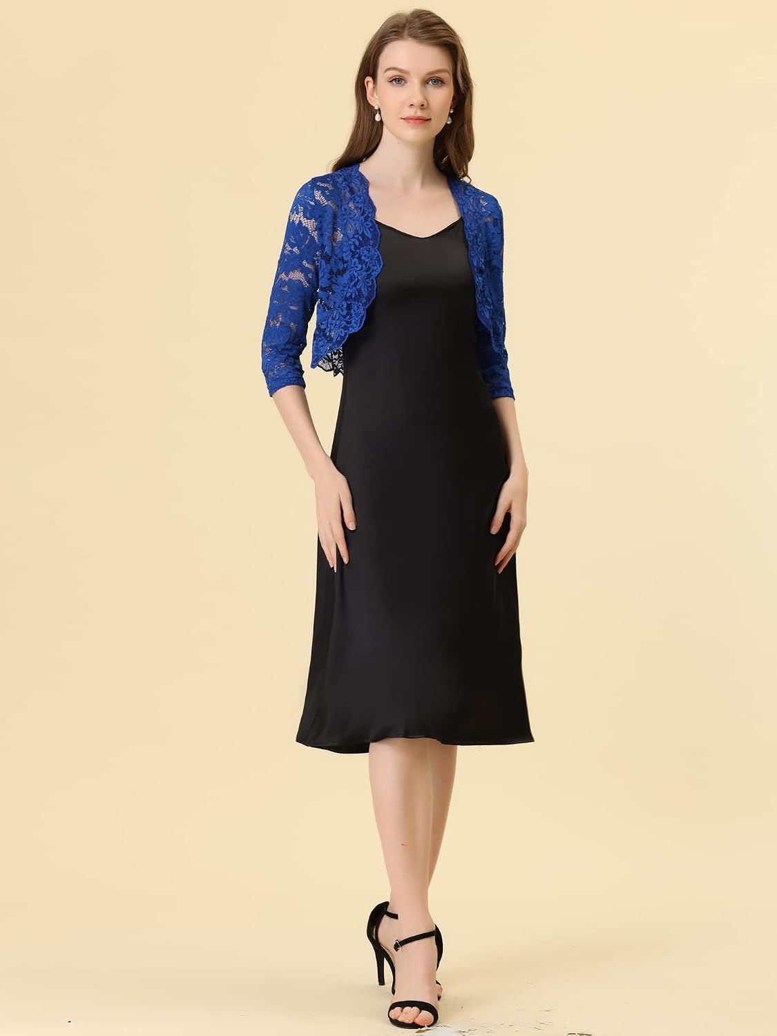 Allegra K Women's Elegant 3/4 Sleeve Sheer Floral Lace Shrug Top.