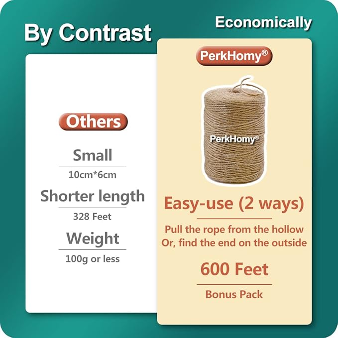 PerkHomy Natural Jute Twine 600 Feet Long Twine String for Crafts Gift Wrapping Packing Gardening Crochet Knitting Macrame Decor (Brown 2mm  600feet)