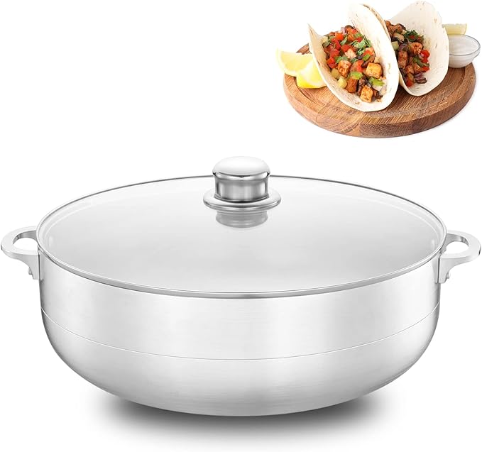 Alpine Cuisine 13 quart aluminum cauldron pot with glass lid, Dutch oven performance for even heat distribution, perfect for serving large and small groups,
