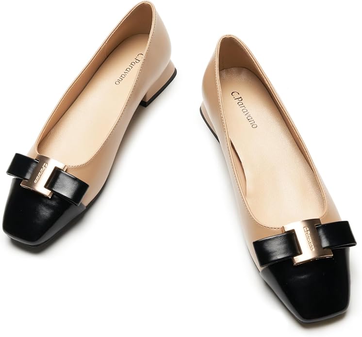 9.5 C.Paravano Flats Women | Ballet Flats | Square Toe | Dressy Casual Shoes | Two-Toned Toe, Lambskin Leather Insole, Anti-slip Grooved Sole, Classic & Chic, Comfortable Work Shoes Women, Fashion Slip On
