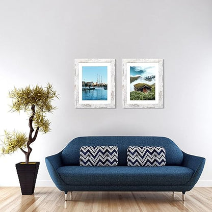 Capcillin 8x10 Picture Frame Wood Patten Distressed White Set of 2, Each Frame with Mat,Display 8x10 Picture Without mat or 5x7 Photos with Mat Wall Decor Table Top(CP001-MD8x10RW)