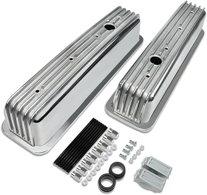 Polished Aluminum Center Bolt High Valve Caps with Fins Chevy SBC 283-400 5.0L 5.7L 1987-1997