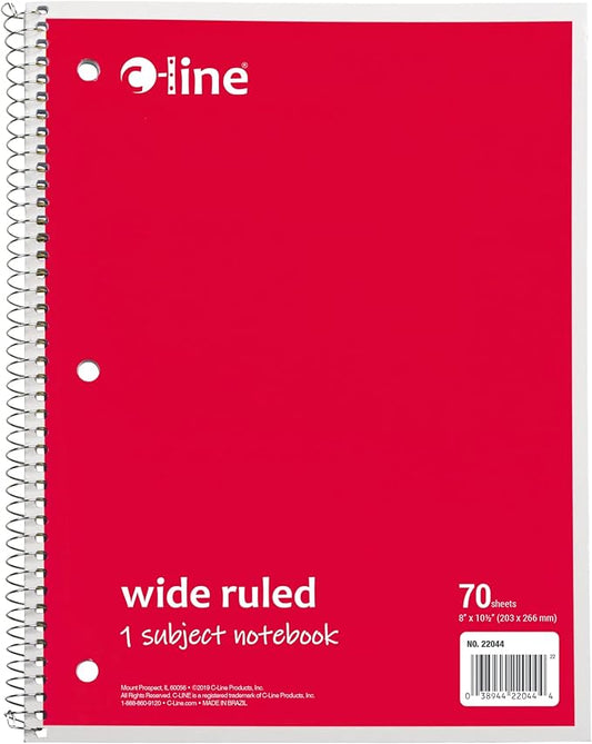 C-Line 1 Subject Notebook, 8 x 10-1/2 Inches, Wide Ruled, Red, 70 Sheets