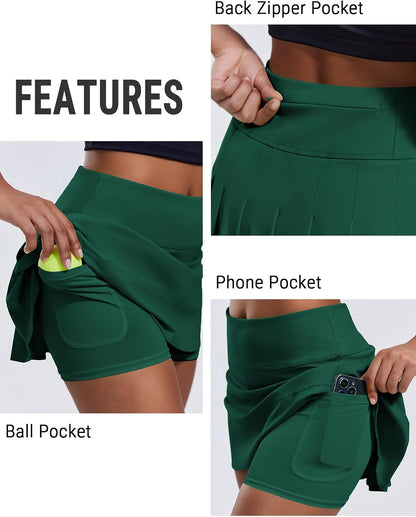 PINSPARK Pleated Tennis Skirts for Women with Short Pockets High Waisted Athletic Golf Skort Workout Pickleball Mini Skirt