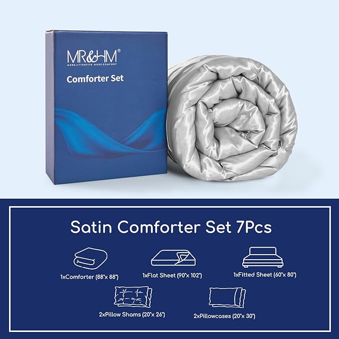 MR&HM Satin Comforter Queen 7 Pieces - Luxurious Pinch Pleat Bedding Set with Comforter, Flat Sheet, Fitted Sheet, Pillowcases & Shams, Super Silky Soft Bed Set for All Season (Queen, Silver Grey)
