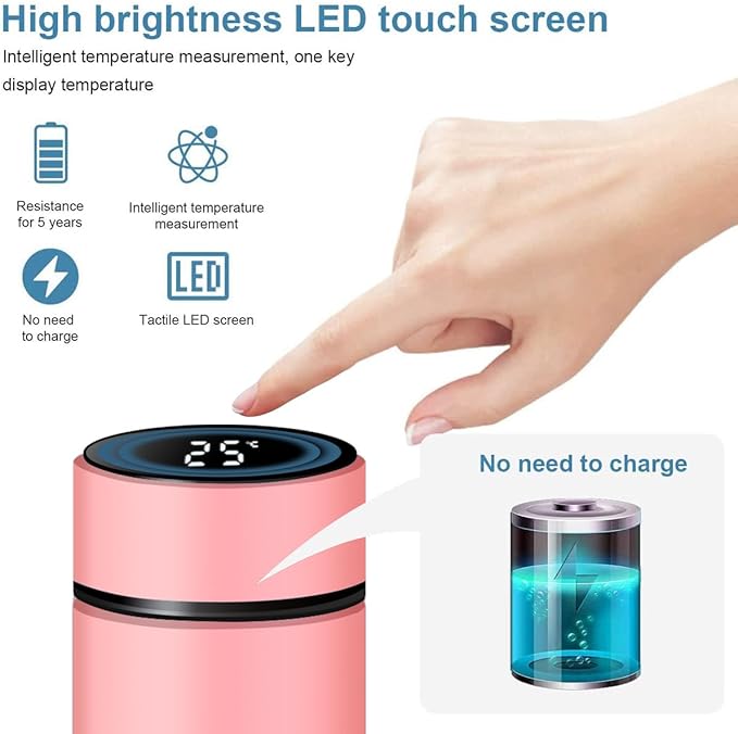 Smart Water Bottle Stainless Steel Vacuum Flask,Travel Mug with Smart LCD Touch Screen, Keep Hot Or Cold, Car Portable Travel Tea Coffee Vacuum Thermoses Cup,Insulated Water Bottle (Pink)