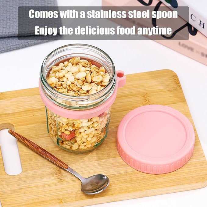 Overnight Oats Jars,Glass Yogurt Jars for Overnight,Leak Proof Mason Glass Jars for Milk Cereal,Chia Pudding Jars,Oats Containers with Spoon,Lid and Measurement Marks for Meal Prep (Gray)
