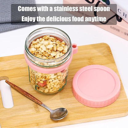 Overnight Oats Jars,Glass Yogurt Jars for Overnight,Leak Proof Mason Glass Jars for Milk Cereal,Chia Pudding Jars,Oats Containers with Spoon,Lid and Measurement Marks for Meal Prep (Gray)