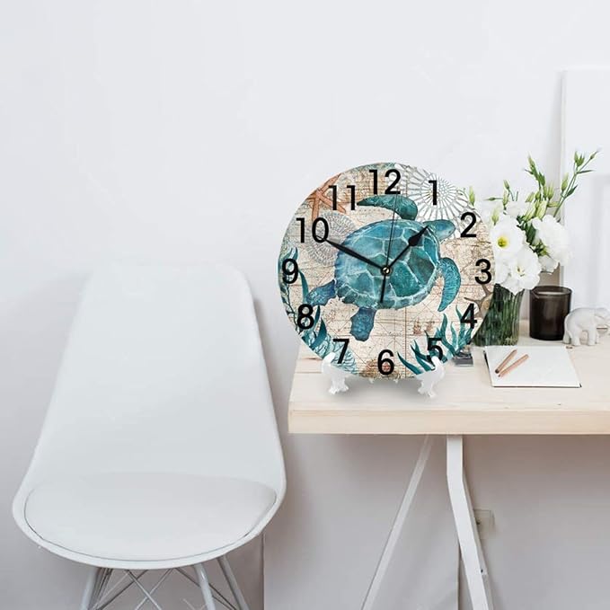 Sea Turtle Nautical Map Retro Wall Clock Battery Operated Silent Round Clock Wall Decor for Home Office School, 12 Inch
